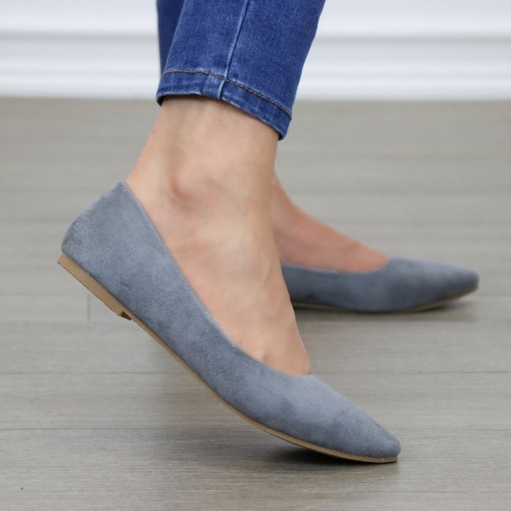 Gray Vegan Suede Pointy Toe Flat Shoes - Picture 5 of 7